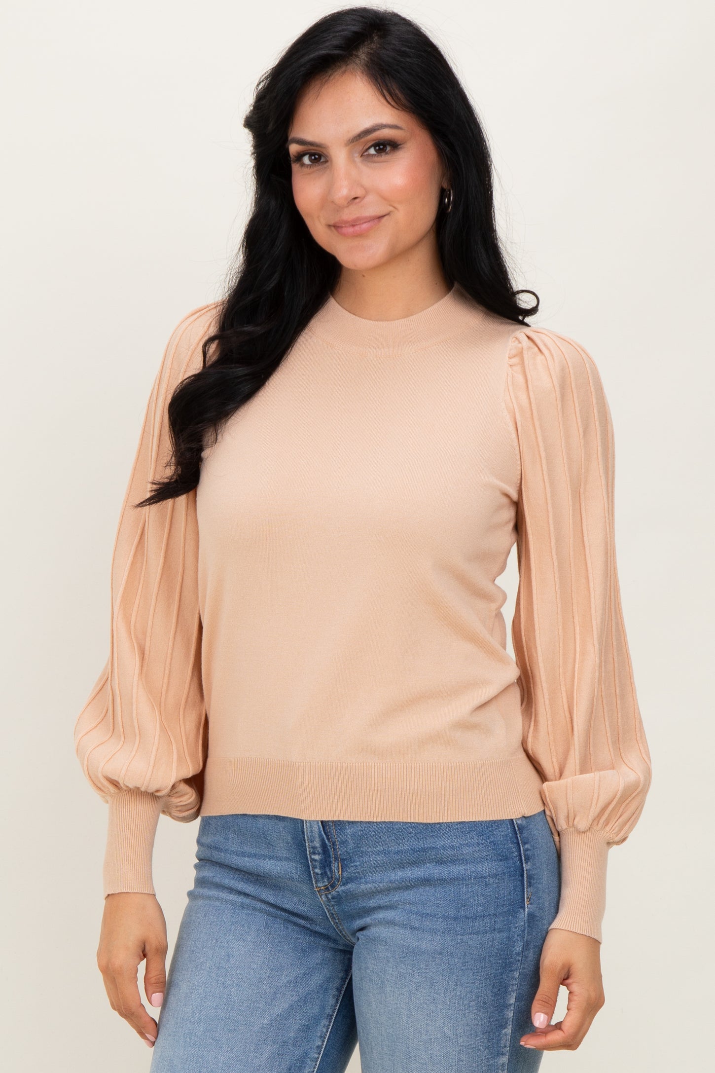 Beige Ribbed Bubble Sleeve Maternity Knit Top