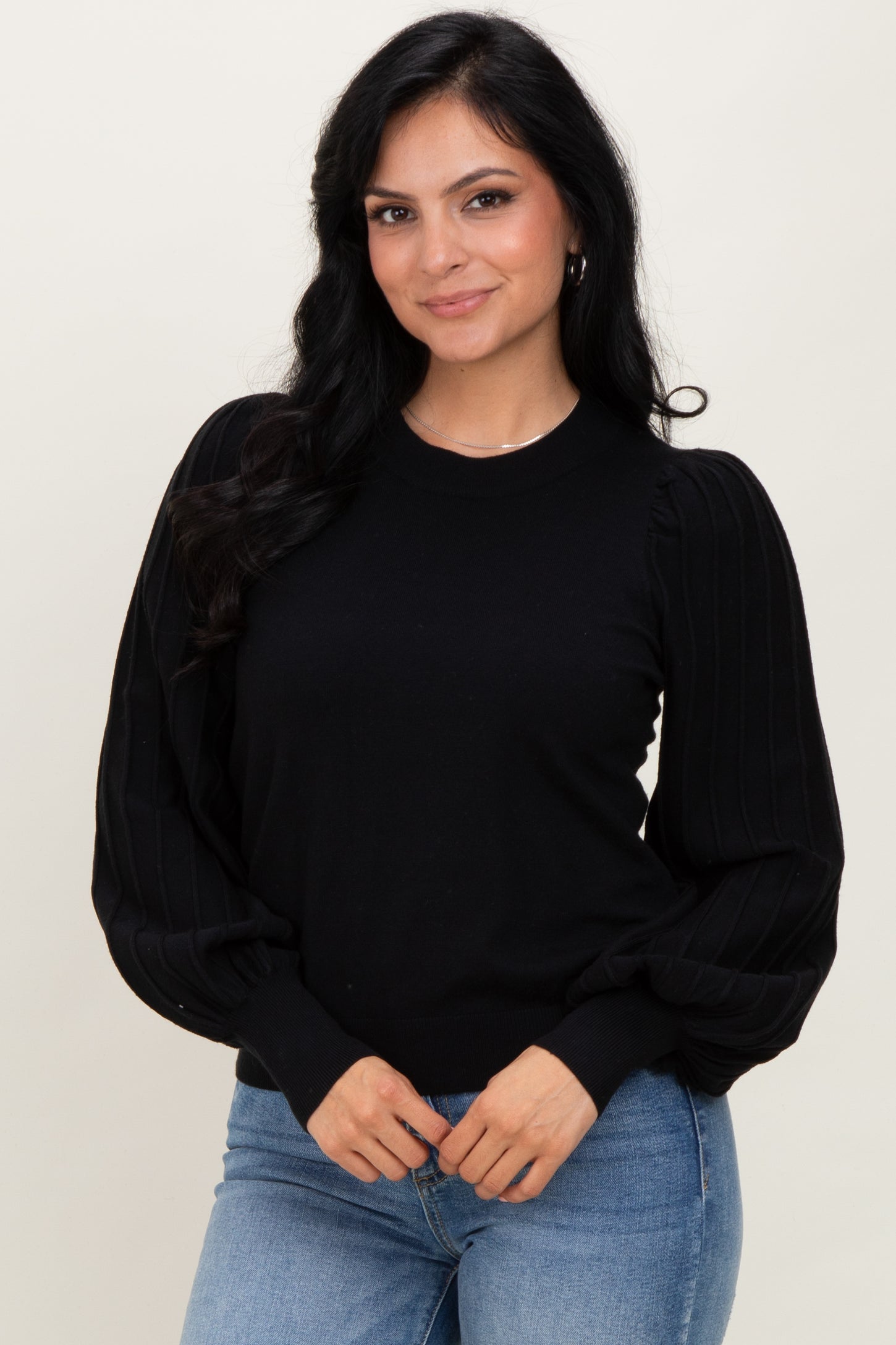 Black Ribbed Bubble Sleeve Maternity Knit Top