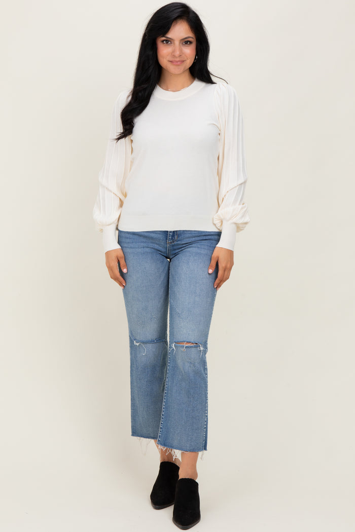 Ivory Ribbed Bubble Sleeve Knit Top