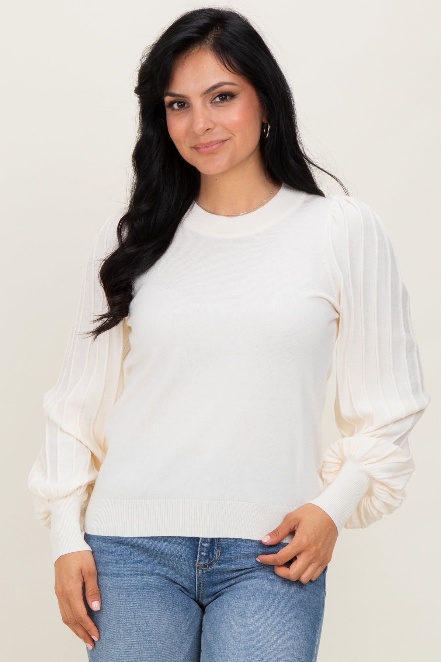Ivory Ribbed Bubble Sleeve Maternity Knit Top