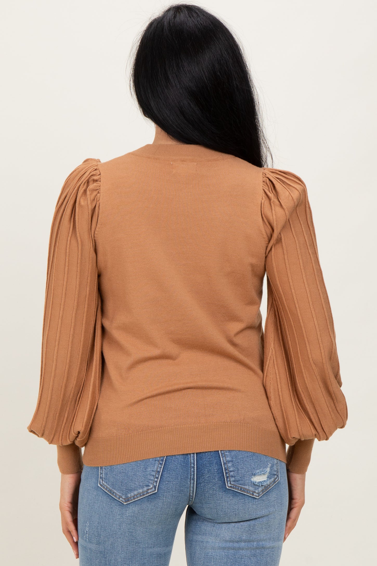 Mocha Ribbed Bubble Sleeve Knit Top