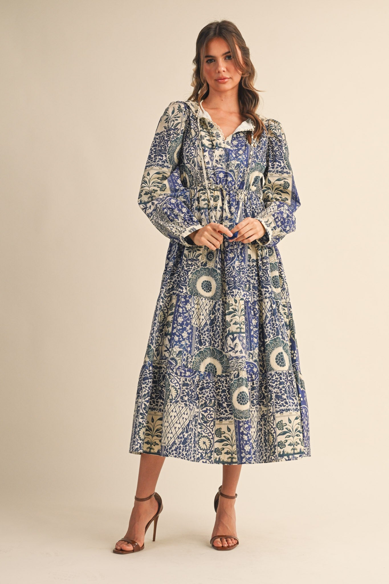 Blue Floral Patchwork Print Front Tie Maternity Midi Dress