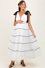 White Shoulder Bow Tie Lace Detail Tulle Maternity Midi Dress