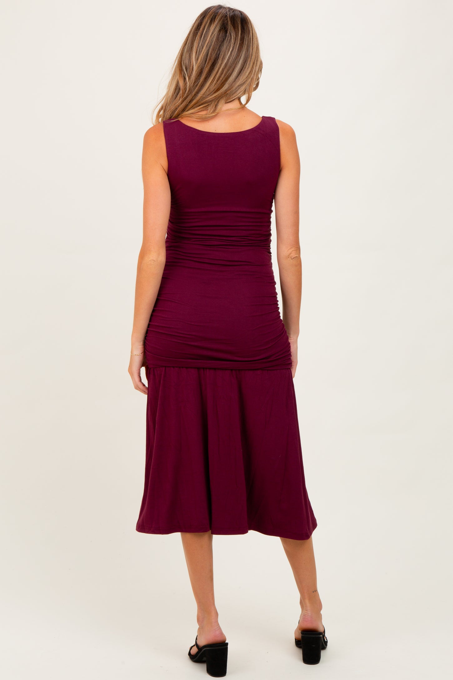 Burgundy Ruched Drop Waist Sleeveless Maternity Midi Dress