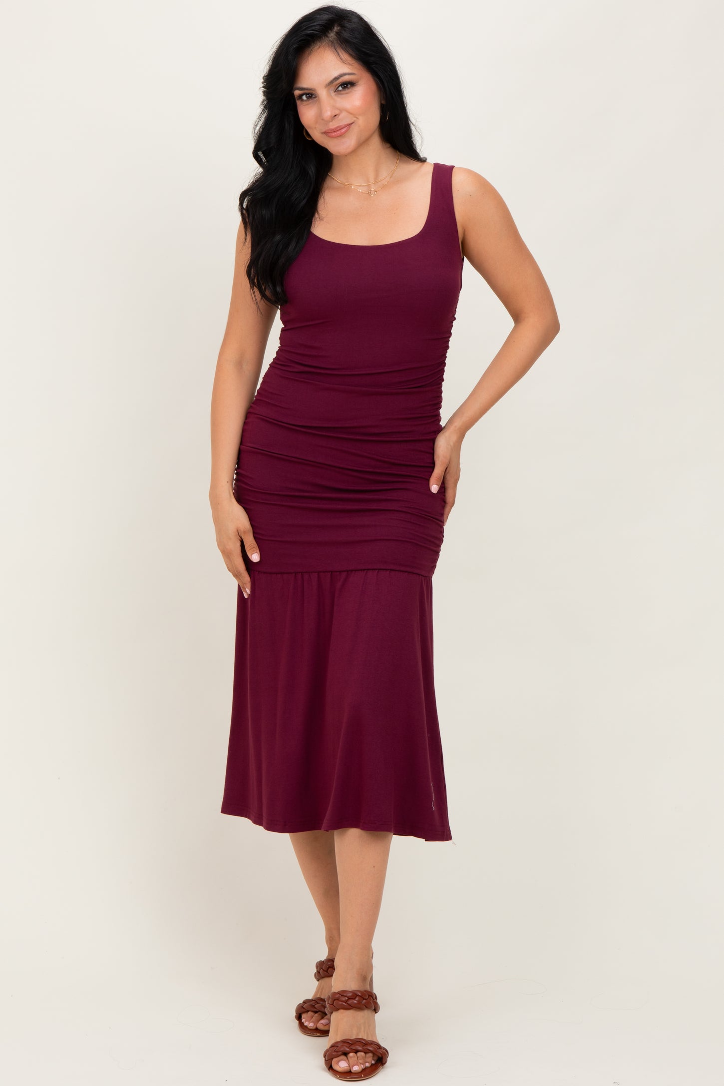 Burgundy Ruched Drop Waist Sleeveless Midi Dress