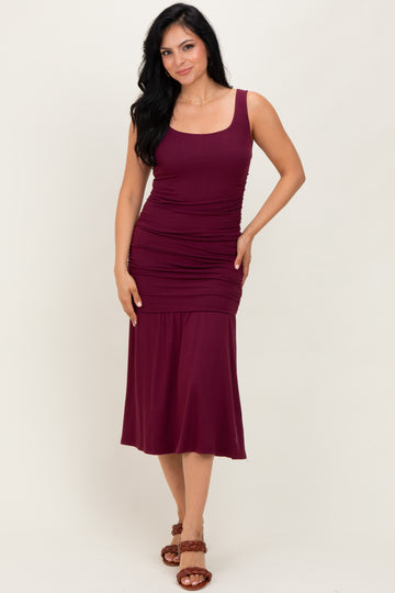 Burgundy Ruched Drop Waist Sleeveless Midi Dress