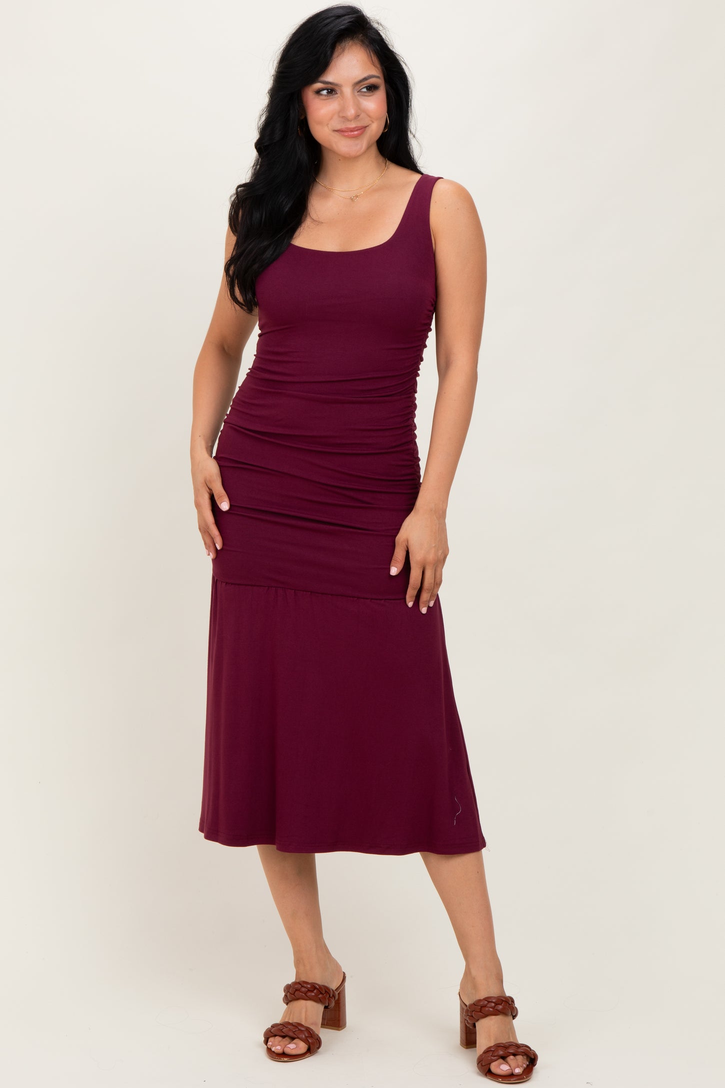 Burgundy Ruched Drop Waist Sleeveless Midi Dress