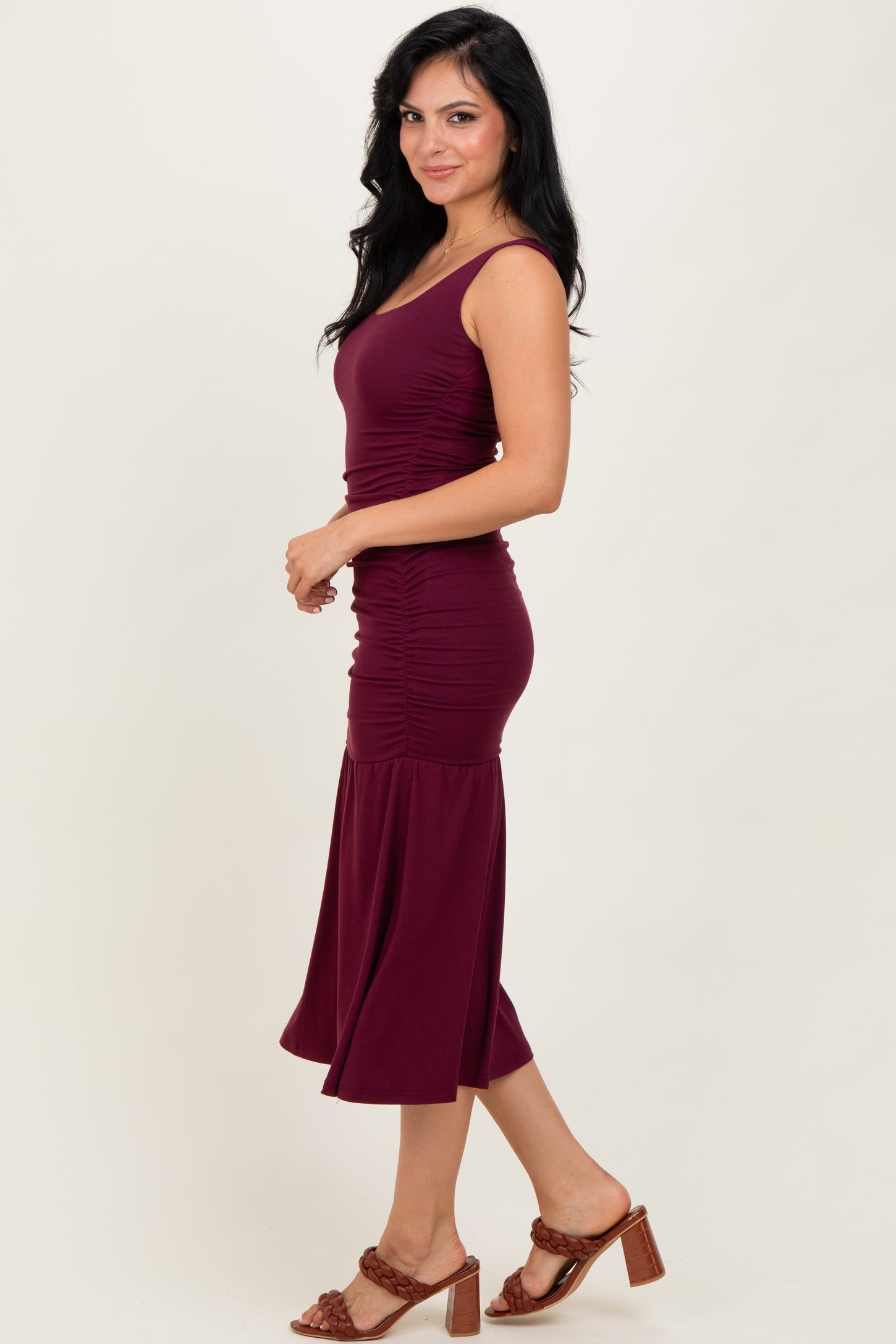Burgundy Ruched Drop Waist Sleeveless Midi Dress
