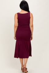 Burgundy Ruched Drop Waist Sleeveless Midi Dress