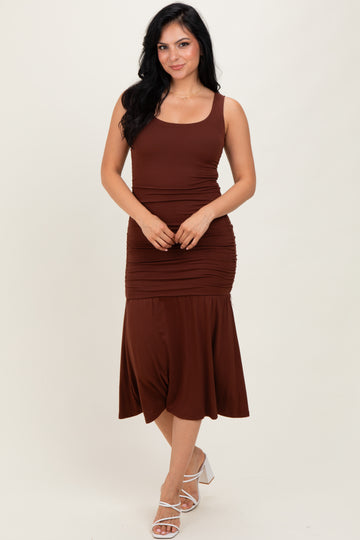 Brown Ruched Drop Waist Sleeveless Midi Dress