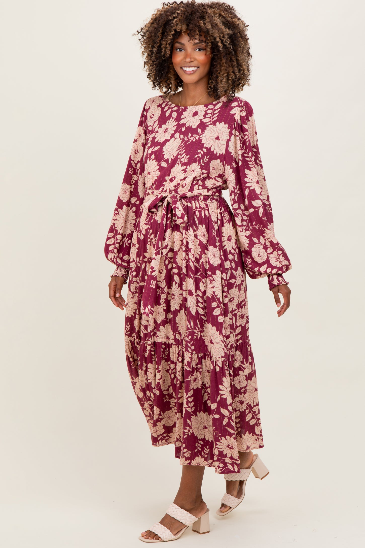Burgundy Floral Striped Long Sleeve Maternity Midi Dress