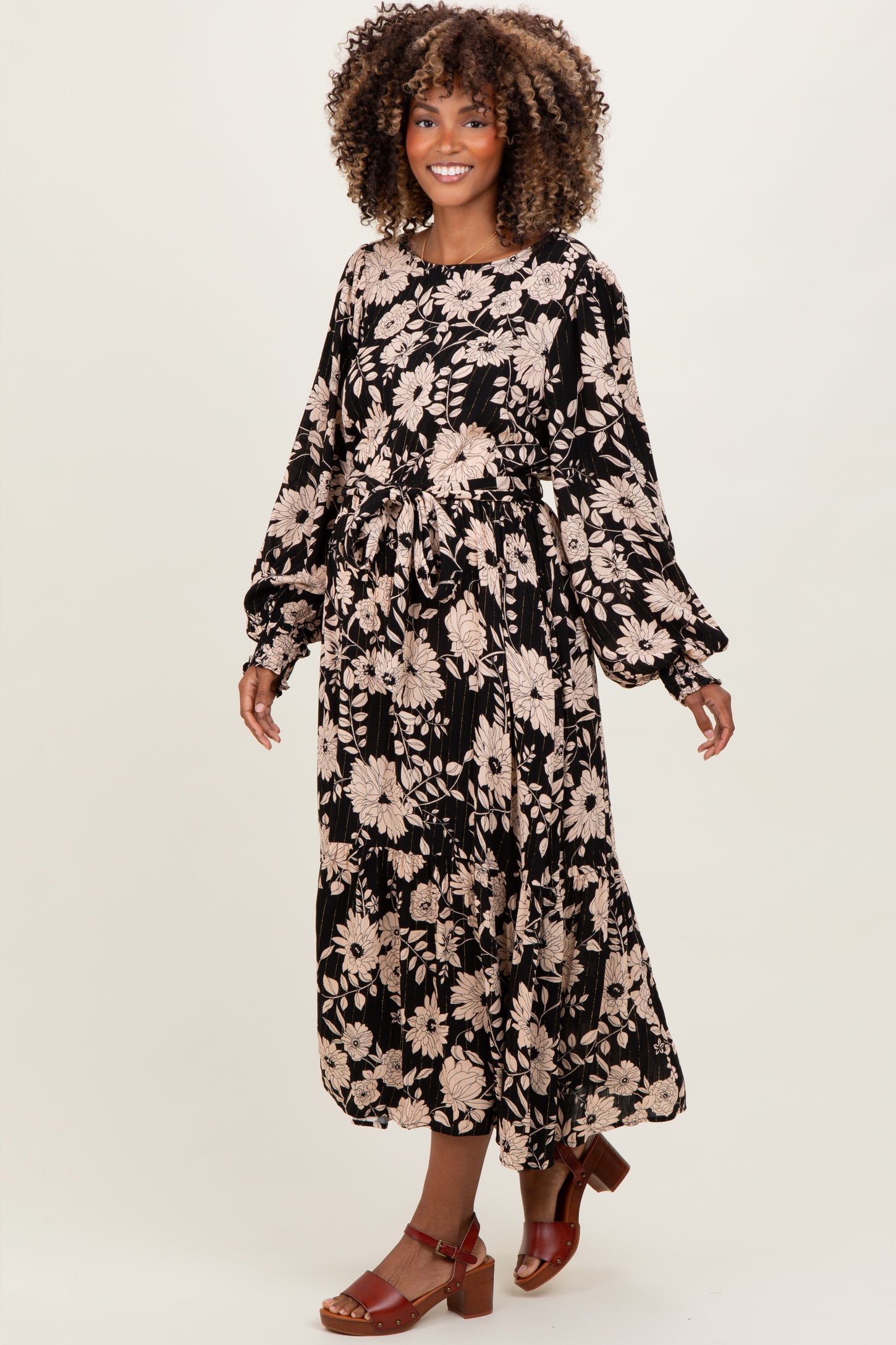 Black Floral Striped Long Sleeve Maternity Midi Dress