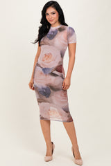 Light Pink Floral Mesh Short Sleeve Maternity Midi Dress
