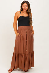 Mocha Smocked Waist Button Accent Maternity Maxi Skirt