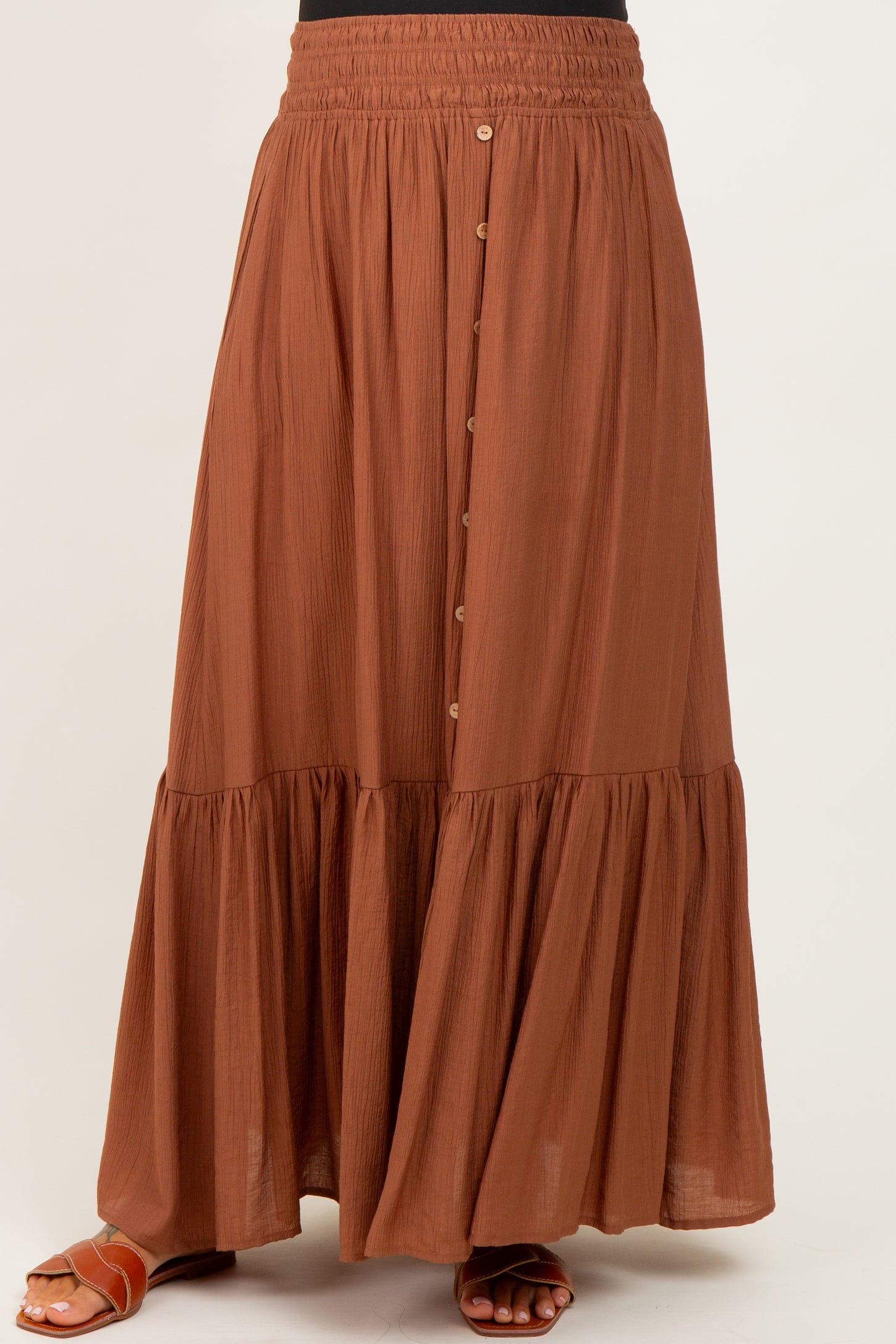 Mocha Smocked Waist Button Accent Maternity Maxi Skirt