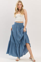 Blue Smocked Waist Button Accent Maxi Skirt