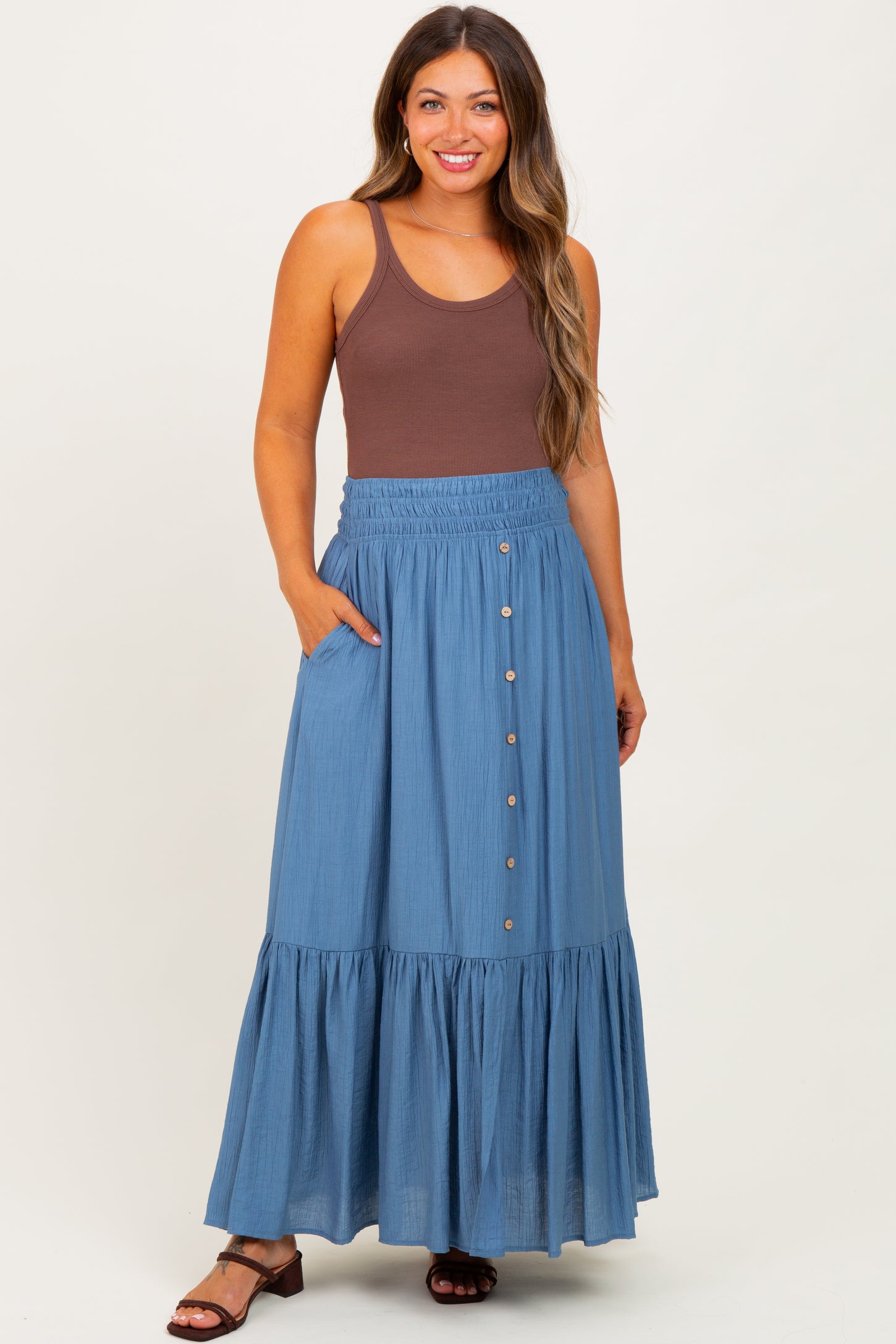 Blue Smocked Waist Button Accent Maternity Maxi Skirt