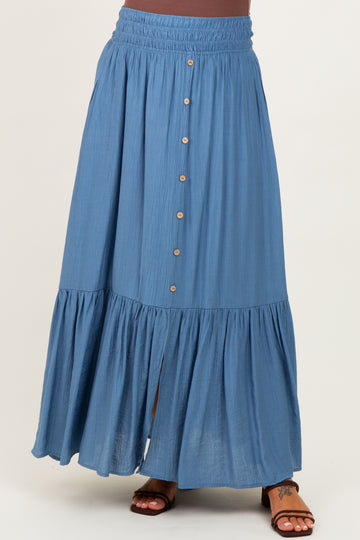 maternity wear blue maxi skirt with tiered design and button details, model wearing it with a relaxed fit