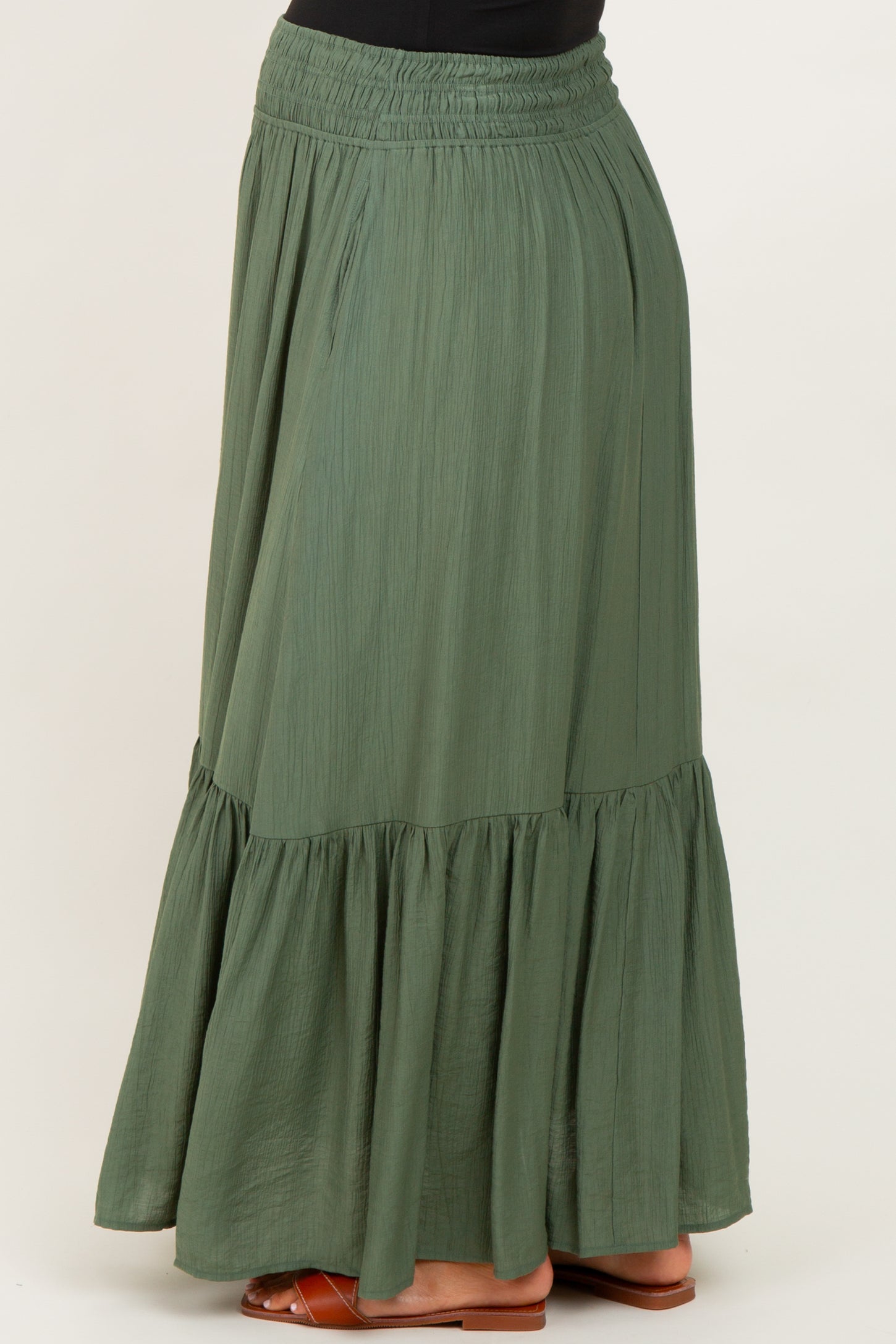 Olive Smocked Waist Button Accent Maternity Maxi Skirt