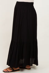 Black Smocked Waist Button Accent Maternity Maxi Skirt