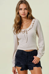 Beige Ruffle Tie Detail Long Sleeve Top