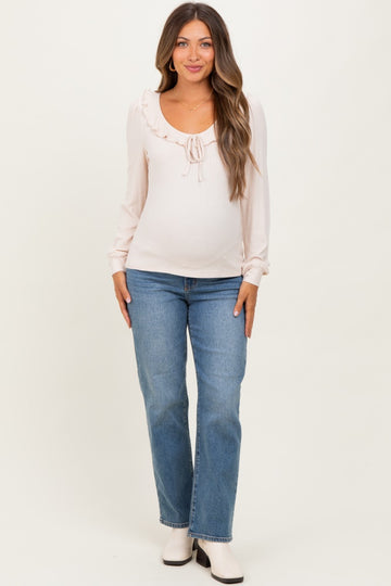 Beige Ruffle Tie Detail Long Sleeve Maternity Top