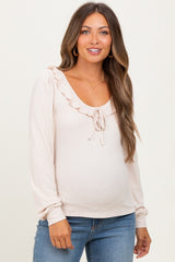 Beige Ruffle Tie Detail Long Sleeve Maternity Top