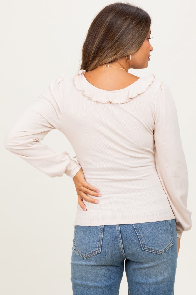 Beige Ruffle Tie Detail Long Sleeve Maternity Top