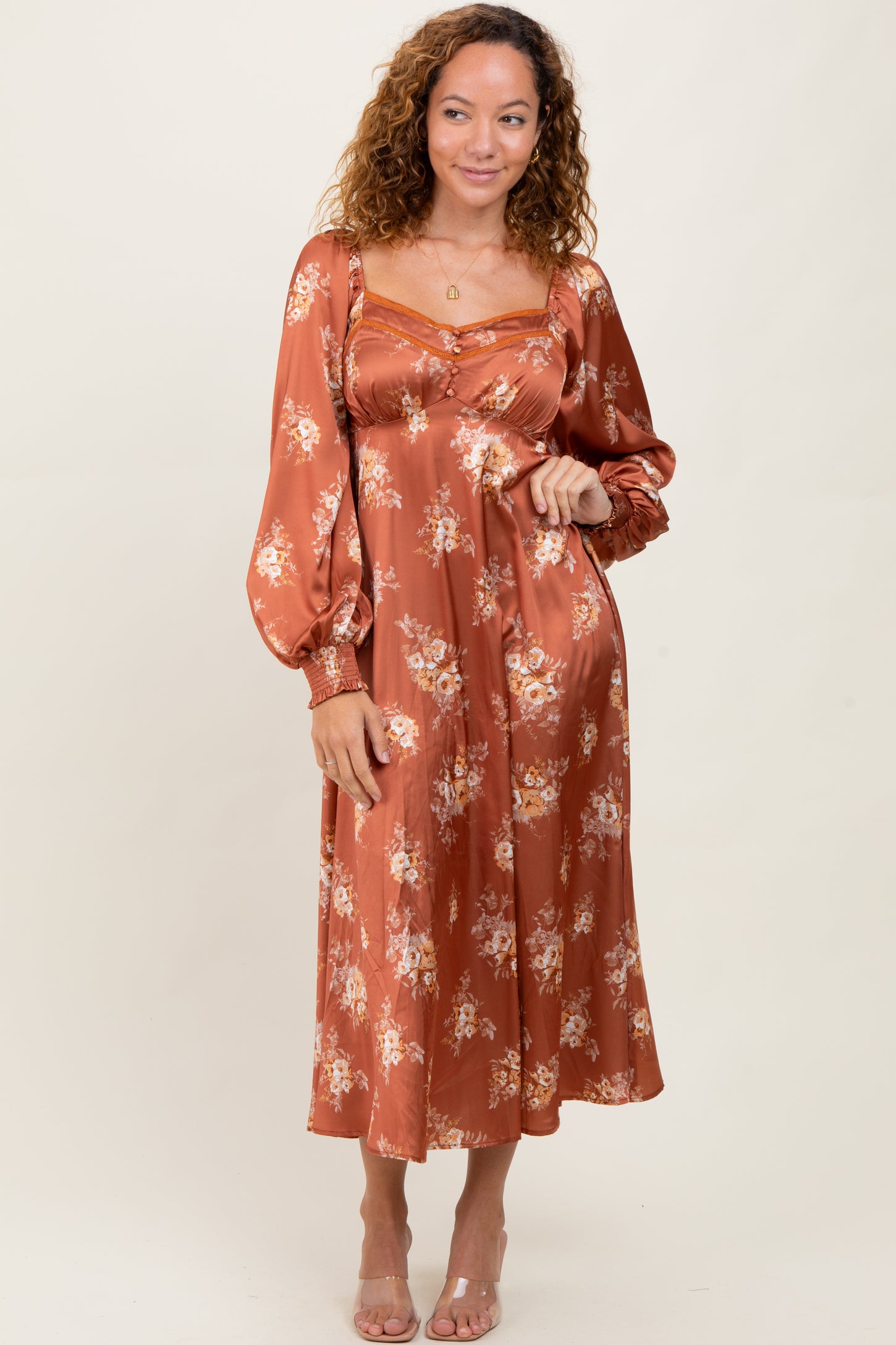 Rust Satin Floral Bubble Sleeve Midi Dress