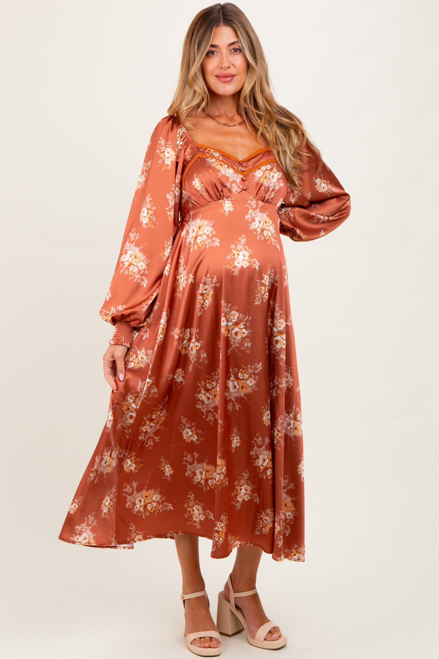 Rust Satin Floral Bubble Sleeve Maternity Midi Dress