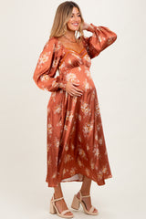 Rust Satin Floral Bubble Sleeve Maternity Midi Dress