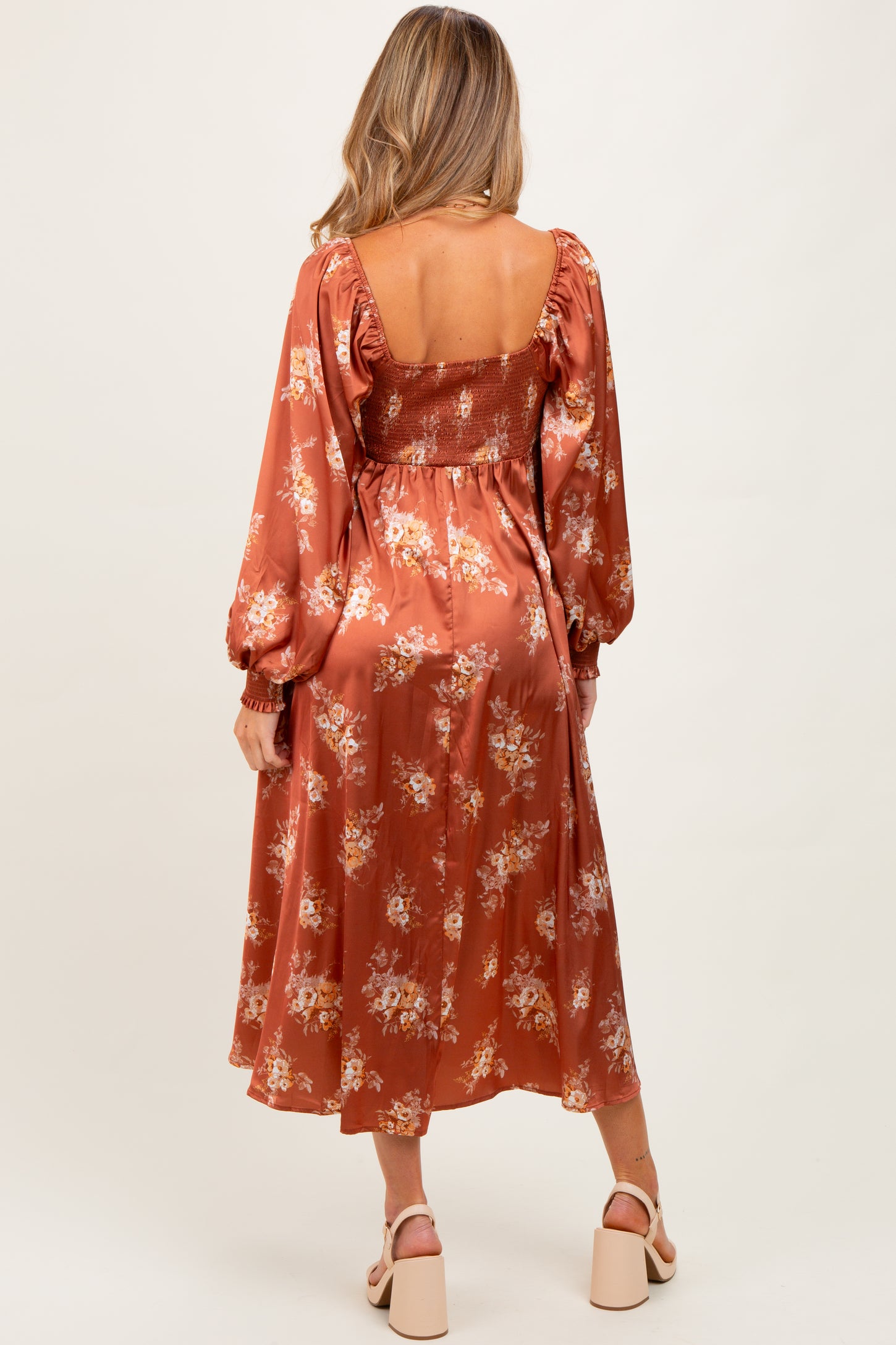 Rust Satin Floral Bubble Sleeve Maternity Midi Dress