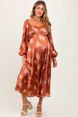 Rust Satin Floral Bubble Sleeve Maternity Midi Dress