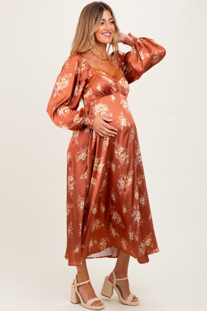 Rust Satin Floral Bubble Sleeve Maternity Midi Dress