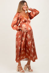 Rust Satin Floral Bubble Sleeve Maternity Midi Dress