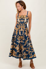 Dark Teal Damask Sleeveless Maternity Maxi Dress