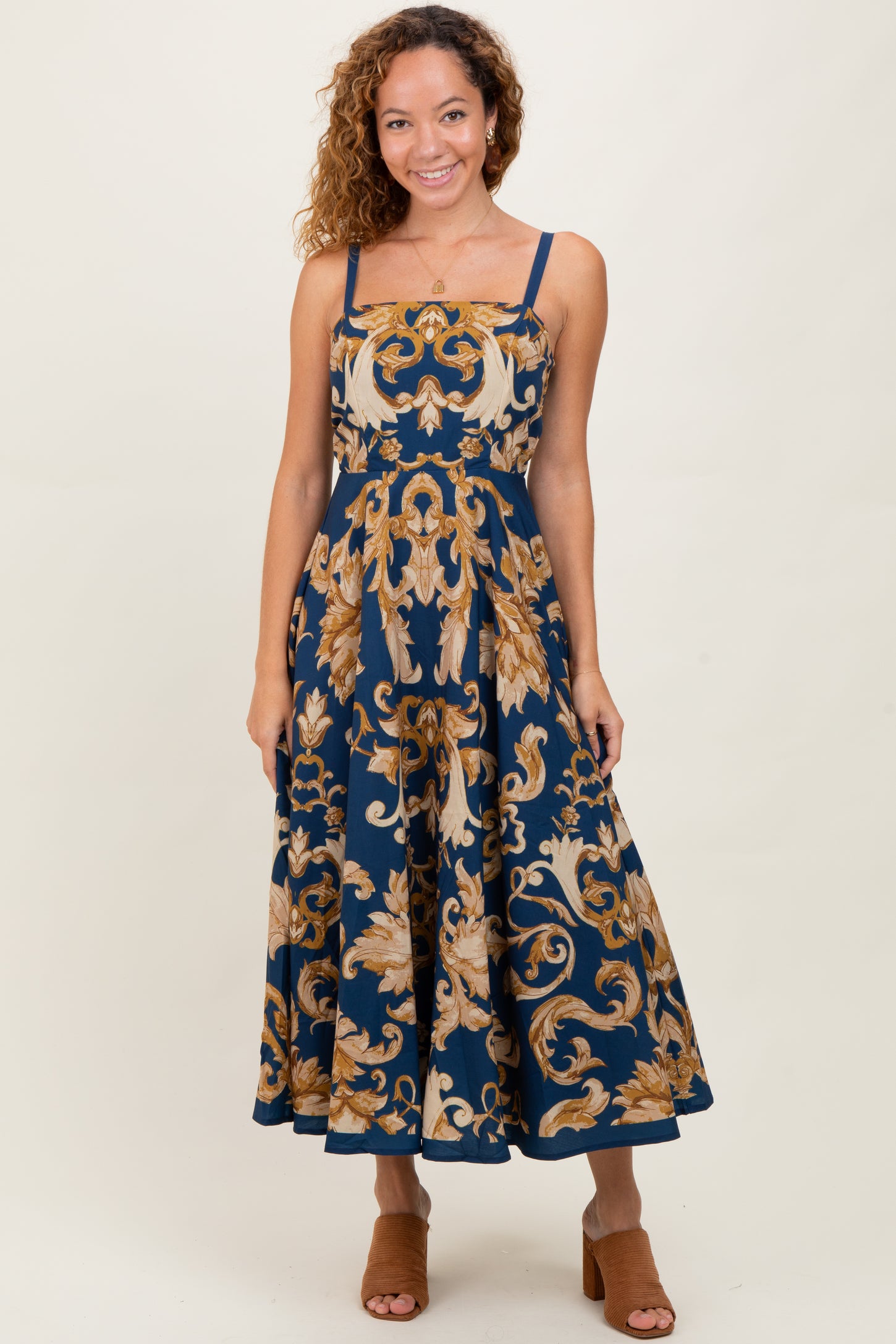 Dark Teal Damask Sleeveless Maxi Dress