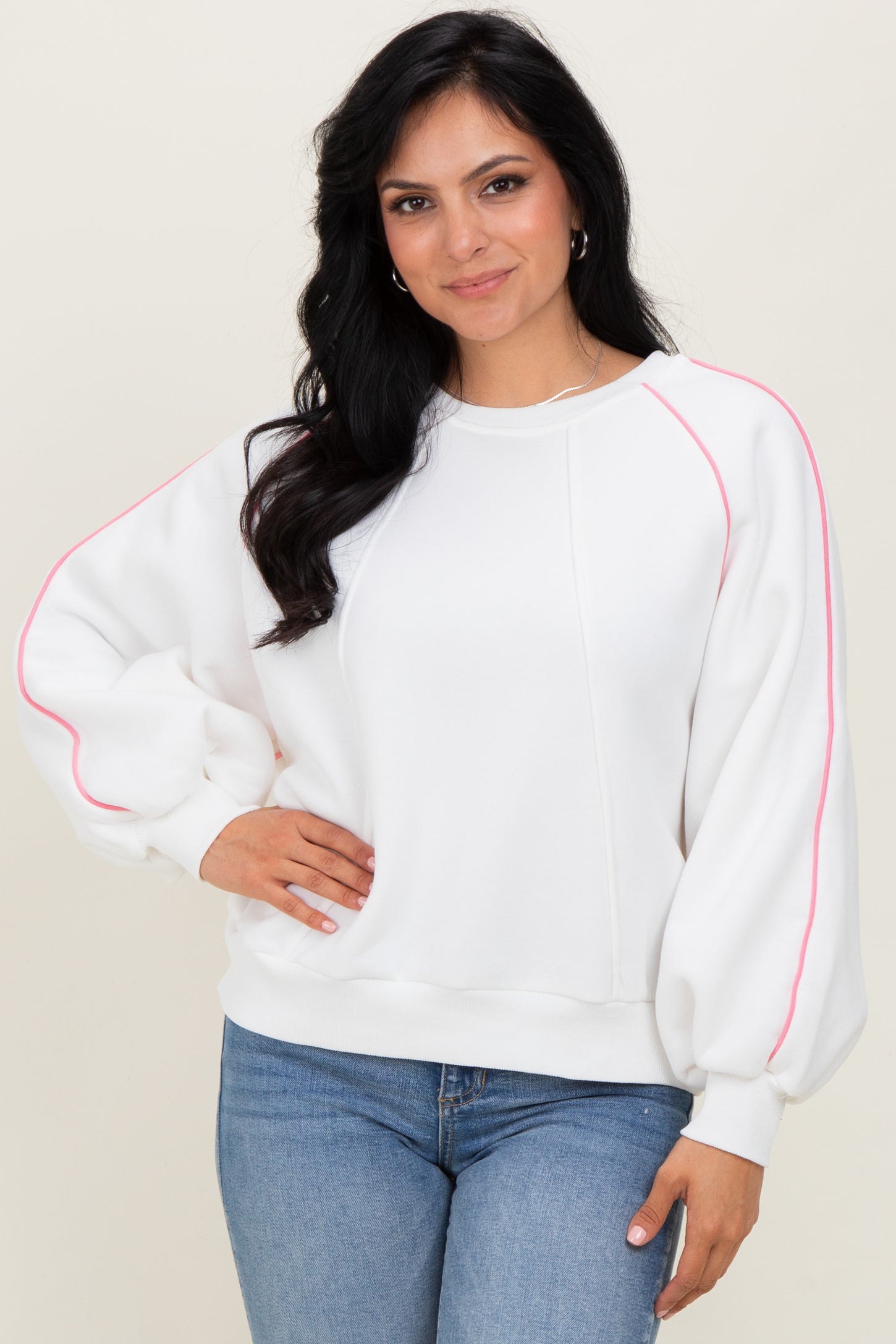 White Heather Pink Piping Accent Sweatshirt