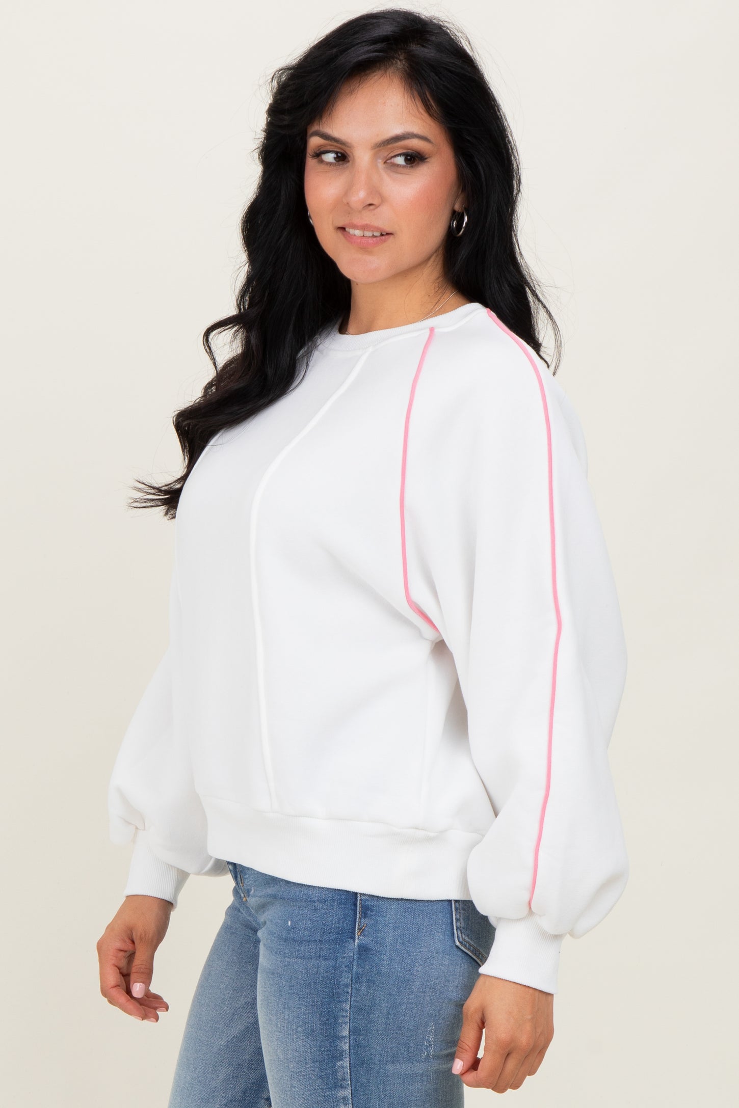 White Heather Pink Piping Accent Sweatshirt