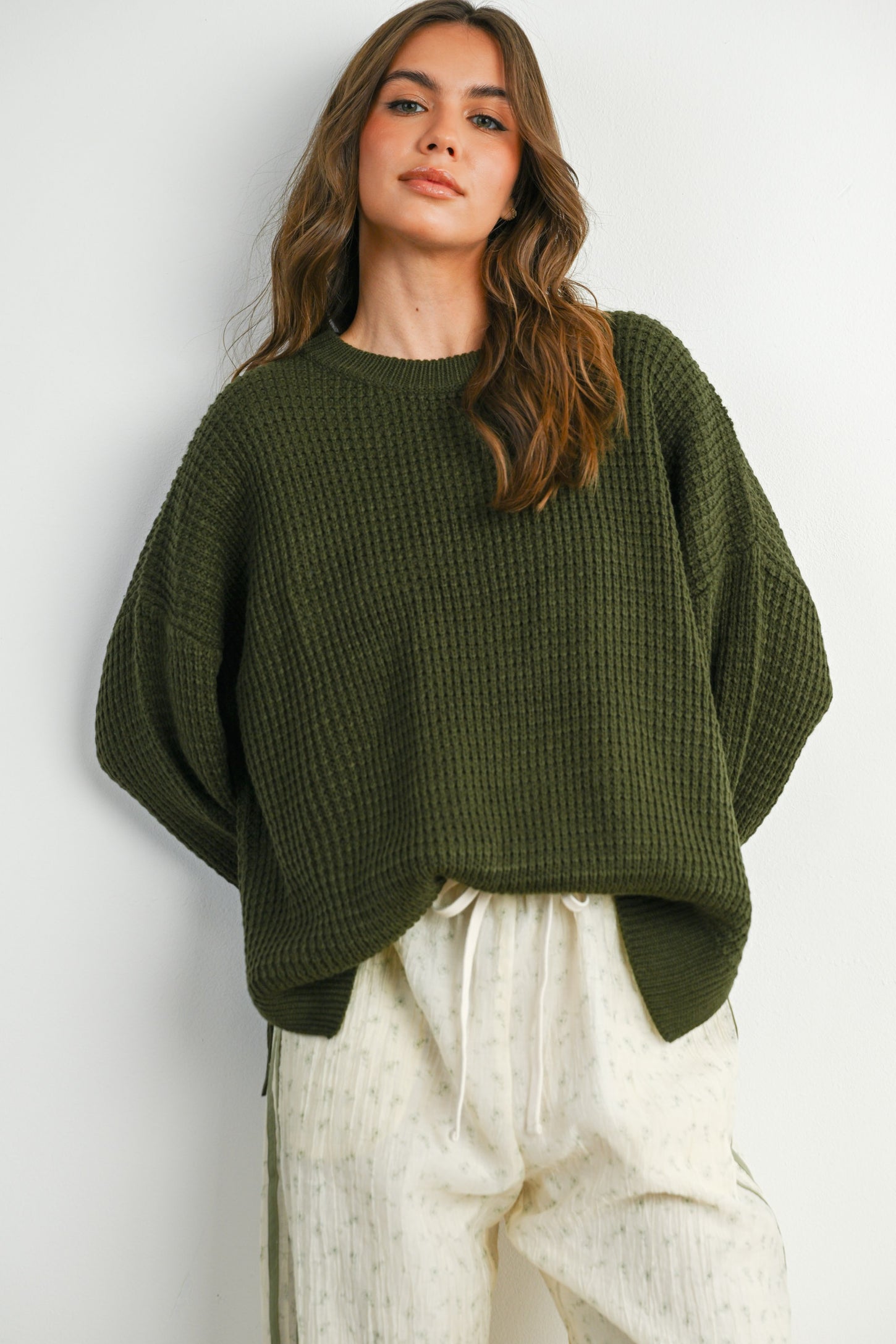 Olive Waffle Knit Side Slit Sweater