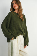 Olive Waffle Knit Side Slit Sweater