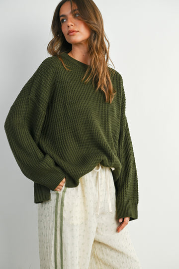 Olive Waffle Knit Side Slit Sweater