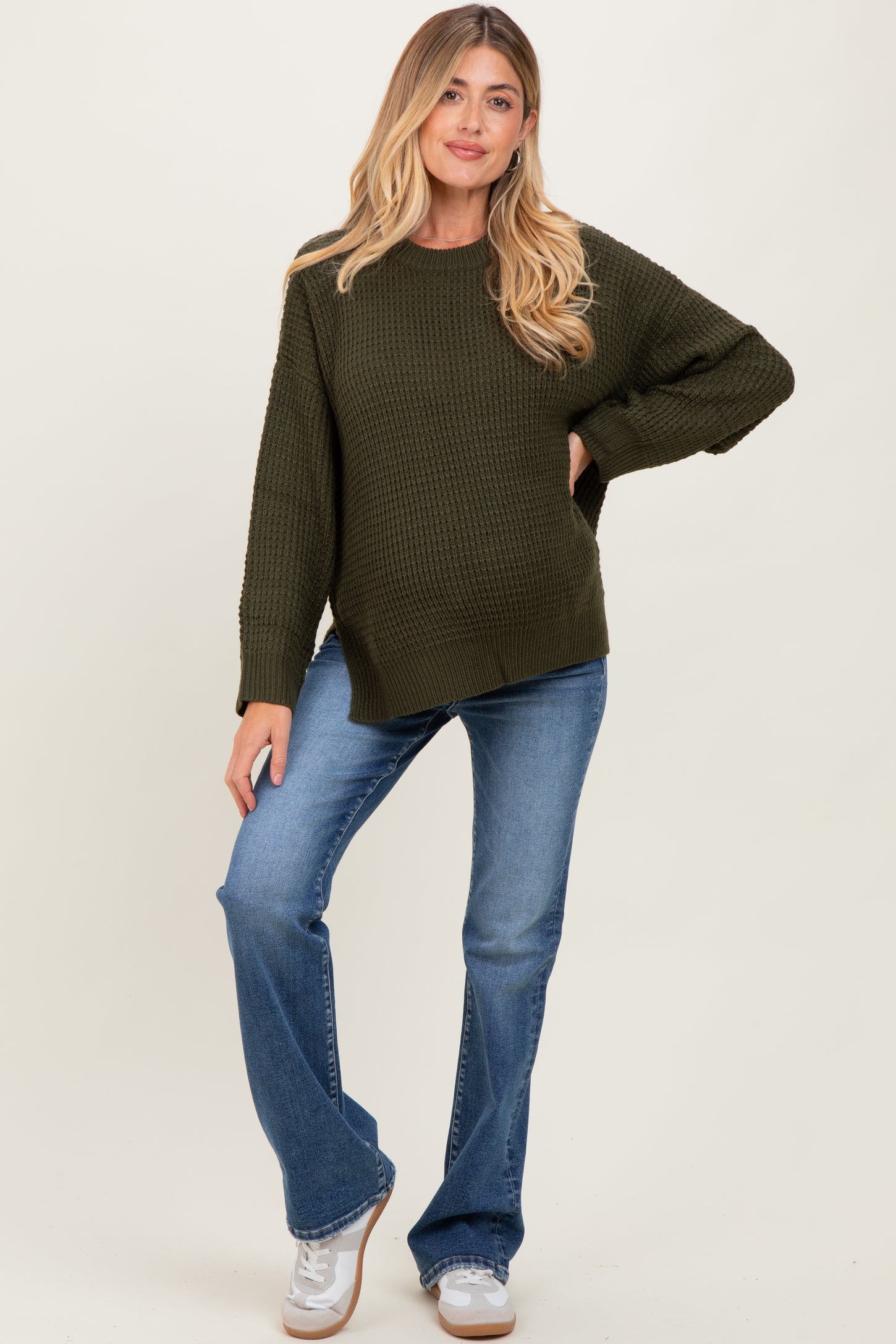 Olive Waffle Knit Side Slit Maternity Sweater