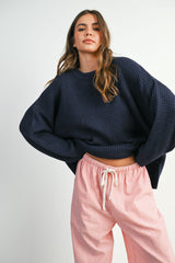 Navy Waffle Knit Side Slit Sweater