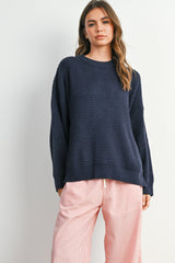 Navy Waffle Knit Side Slit Sweater