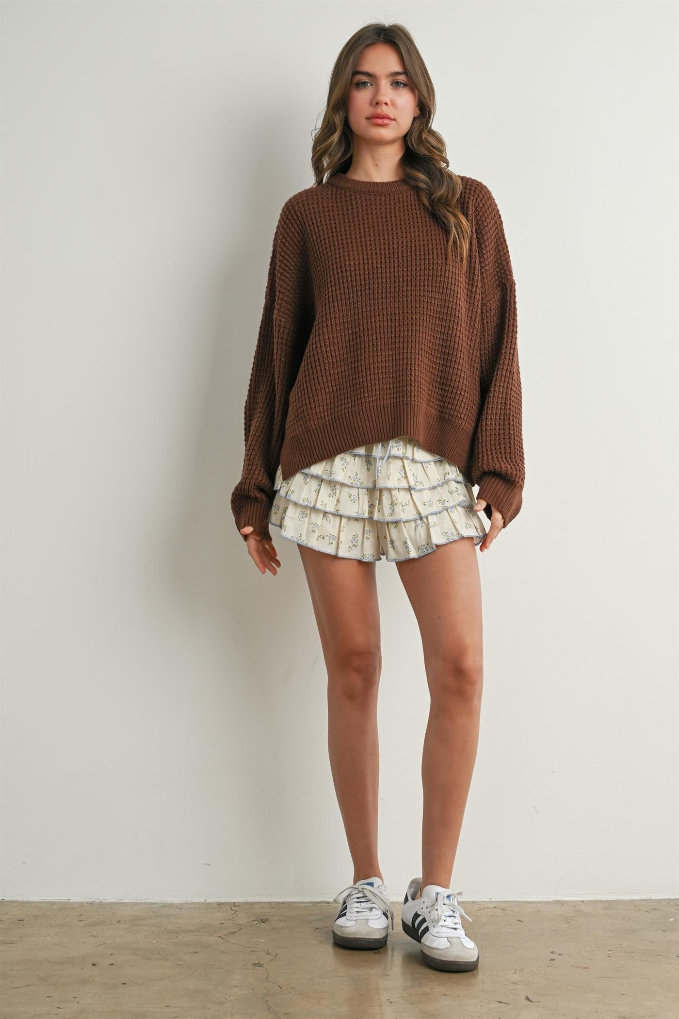 Brown Waffle Knit Side Slit Sweater