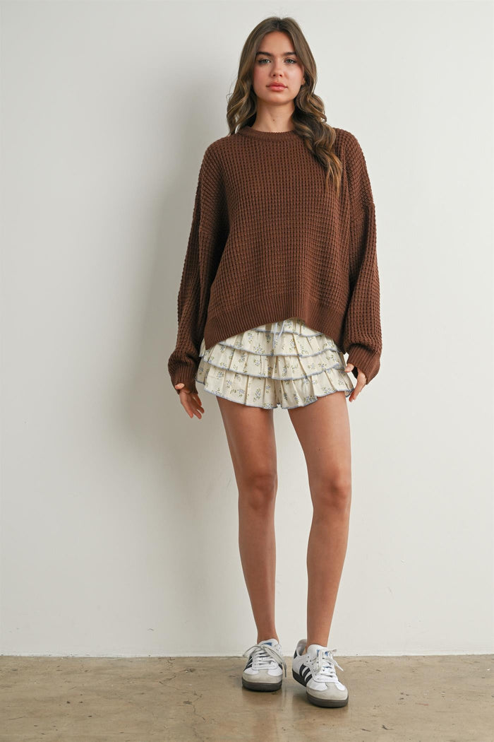 Brown Waffle Knit Side Slit Sweater