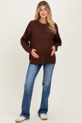 Brown Waffle Knit Side Slit Maternity Sweater
