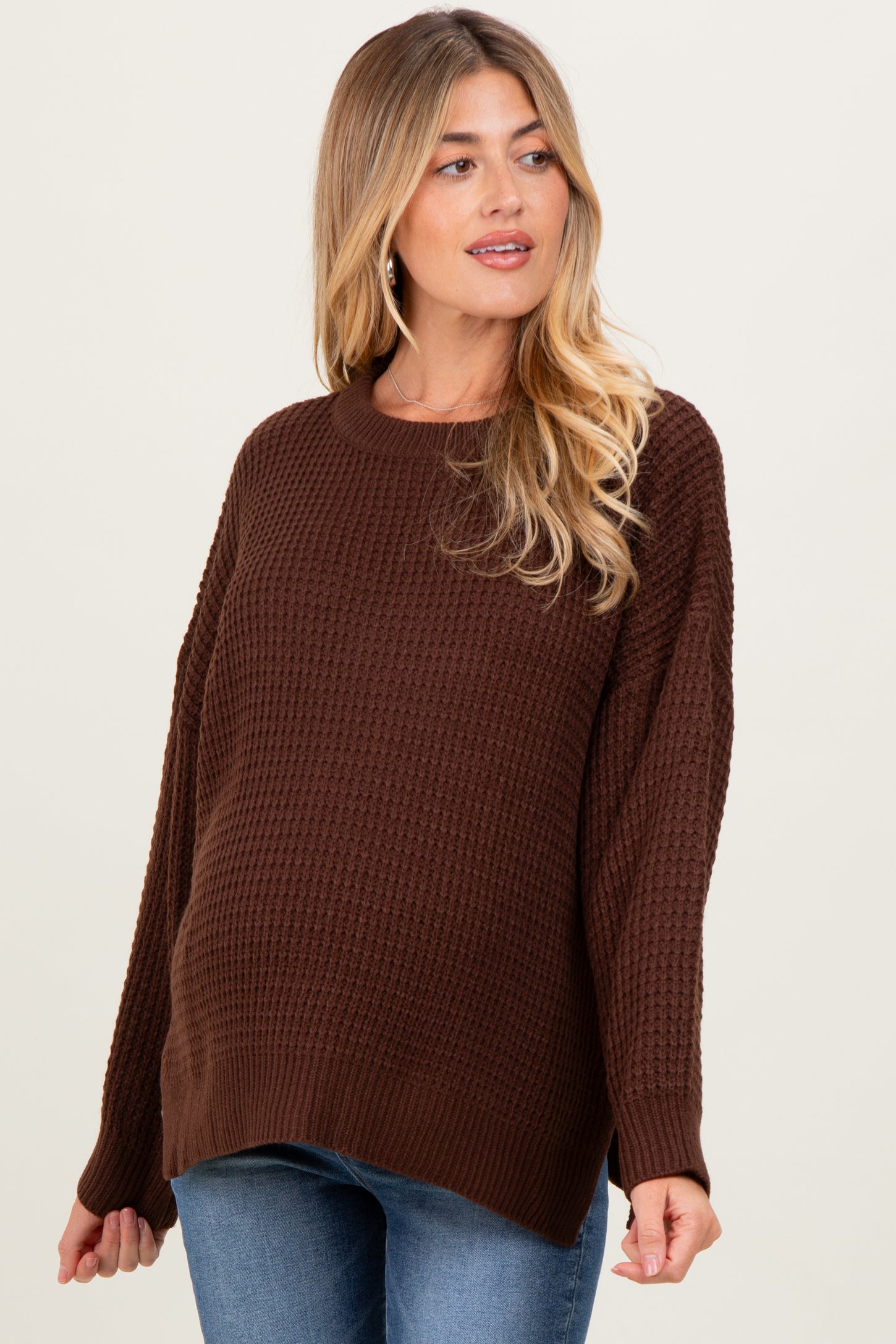 Brown Waffle Knit Side Slit Maternity Sweater