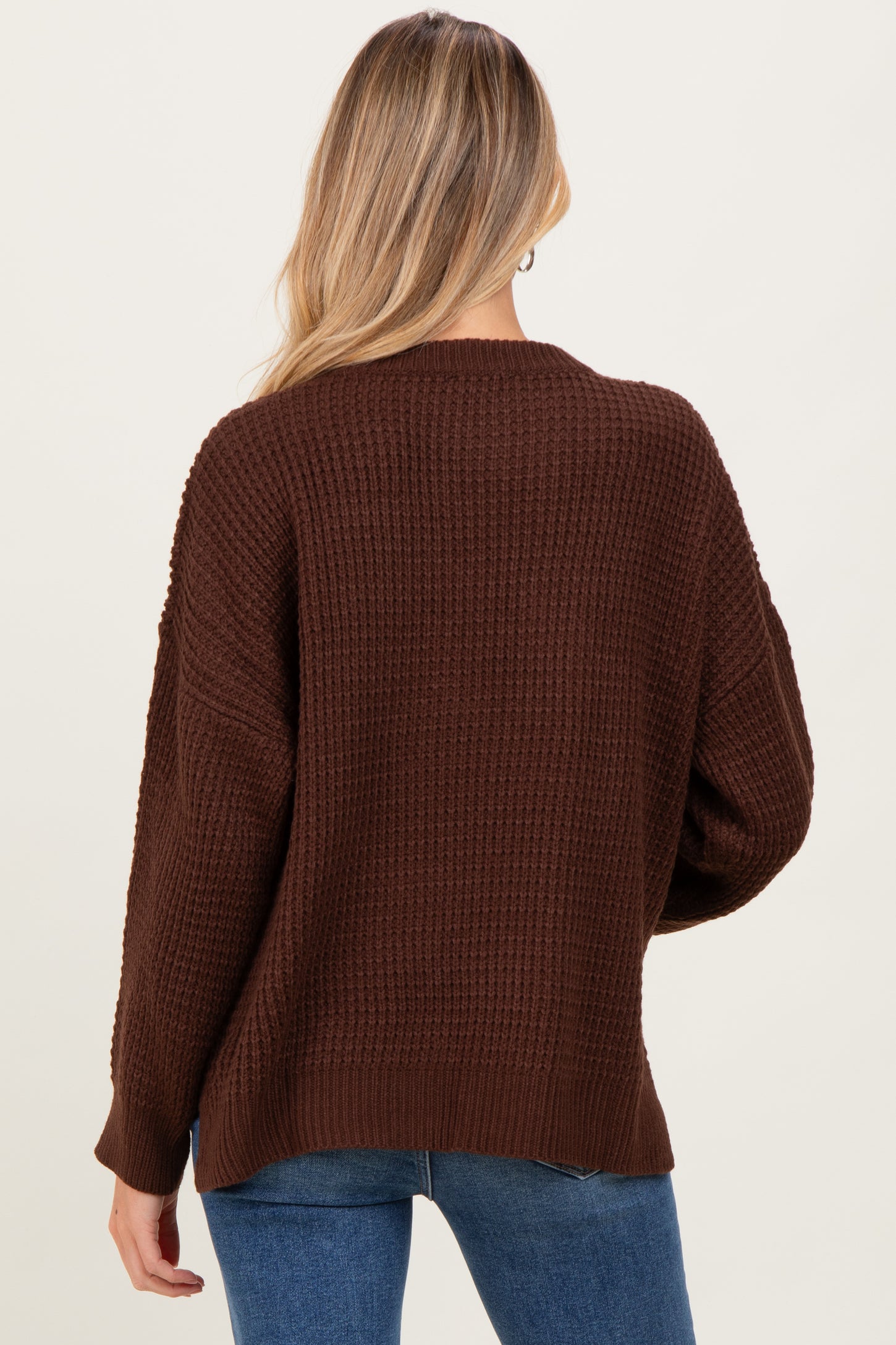 Brown Waffle Knit Side Slit Maternity Sweater